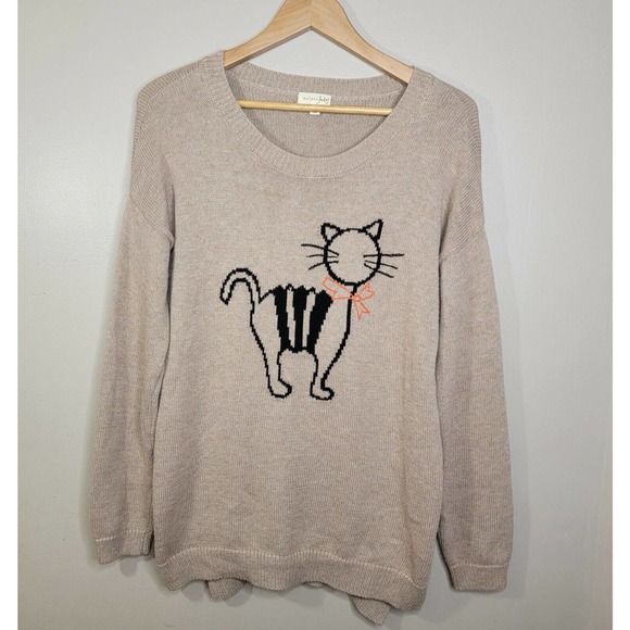 Maison Jules Sweaters - Maison Jules Womens Tan Beige Embroidered Cat Kitten Pullover Sweater Medium